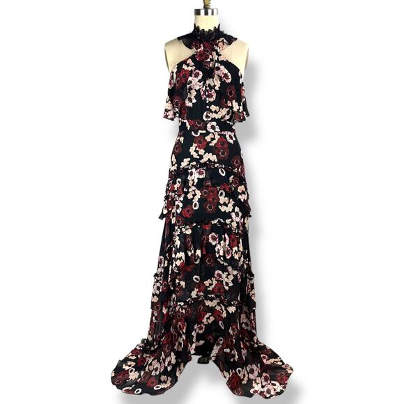 New w/Tag NICHOLAS silk floral ruffle tiered asymmetrical Goddess gown - Picture 7 of 17